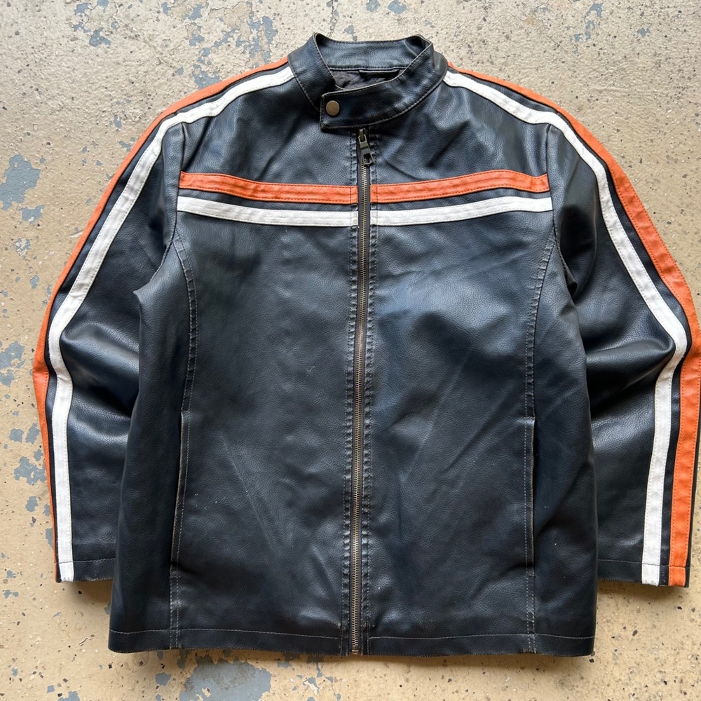 Whispering Smith Faux Leather Cafe Racer Jacket Black Orange Racing Stripe